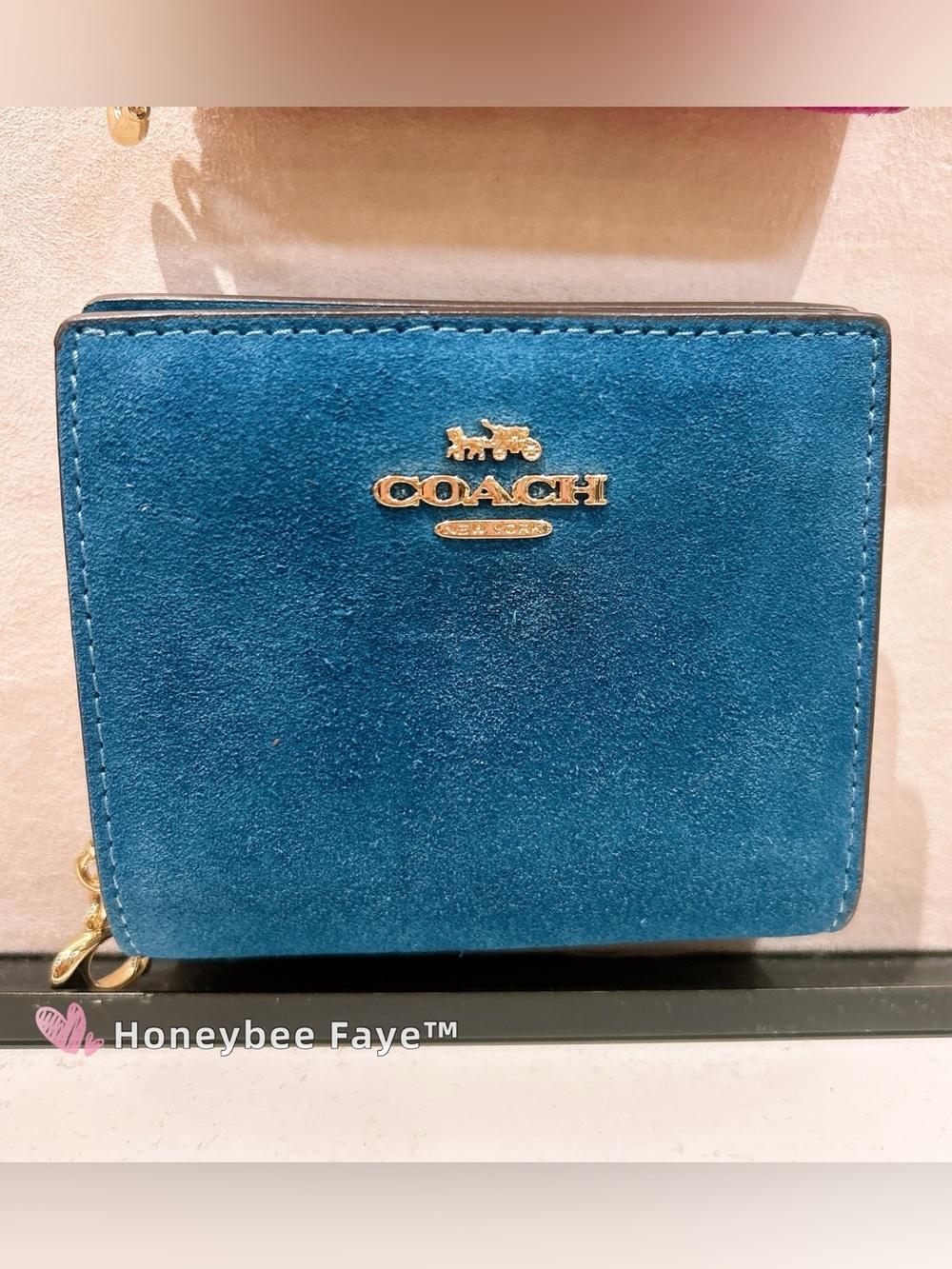 Coach snap wallet Teal Suede Card Holder with Gold Logo cfx50 blue jay